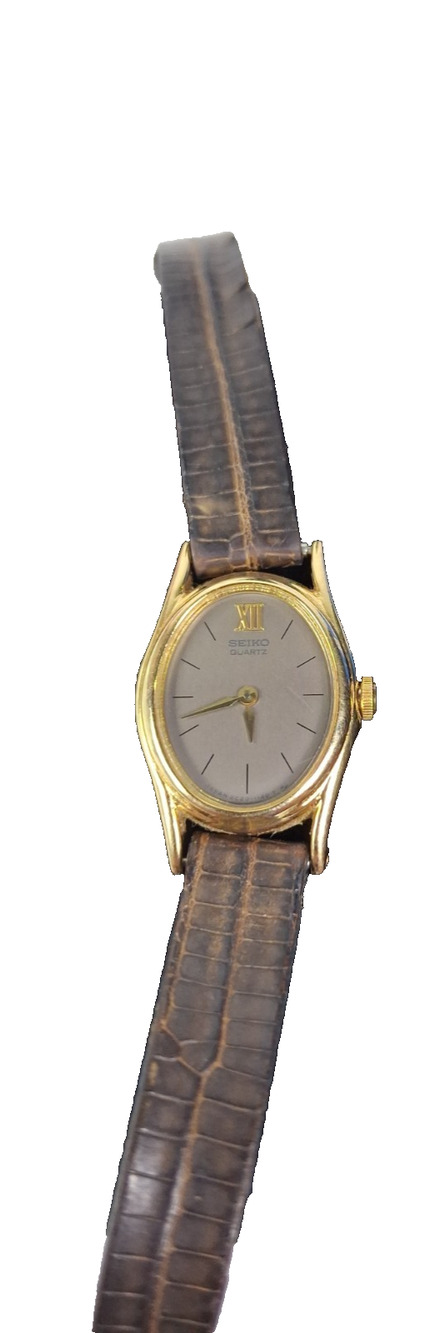 Vintage Seiko Quartz Women's Watch Gold Tone Brown Leather Strap 17mm Runs